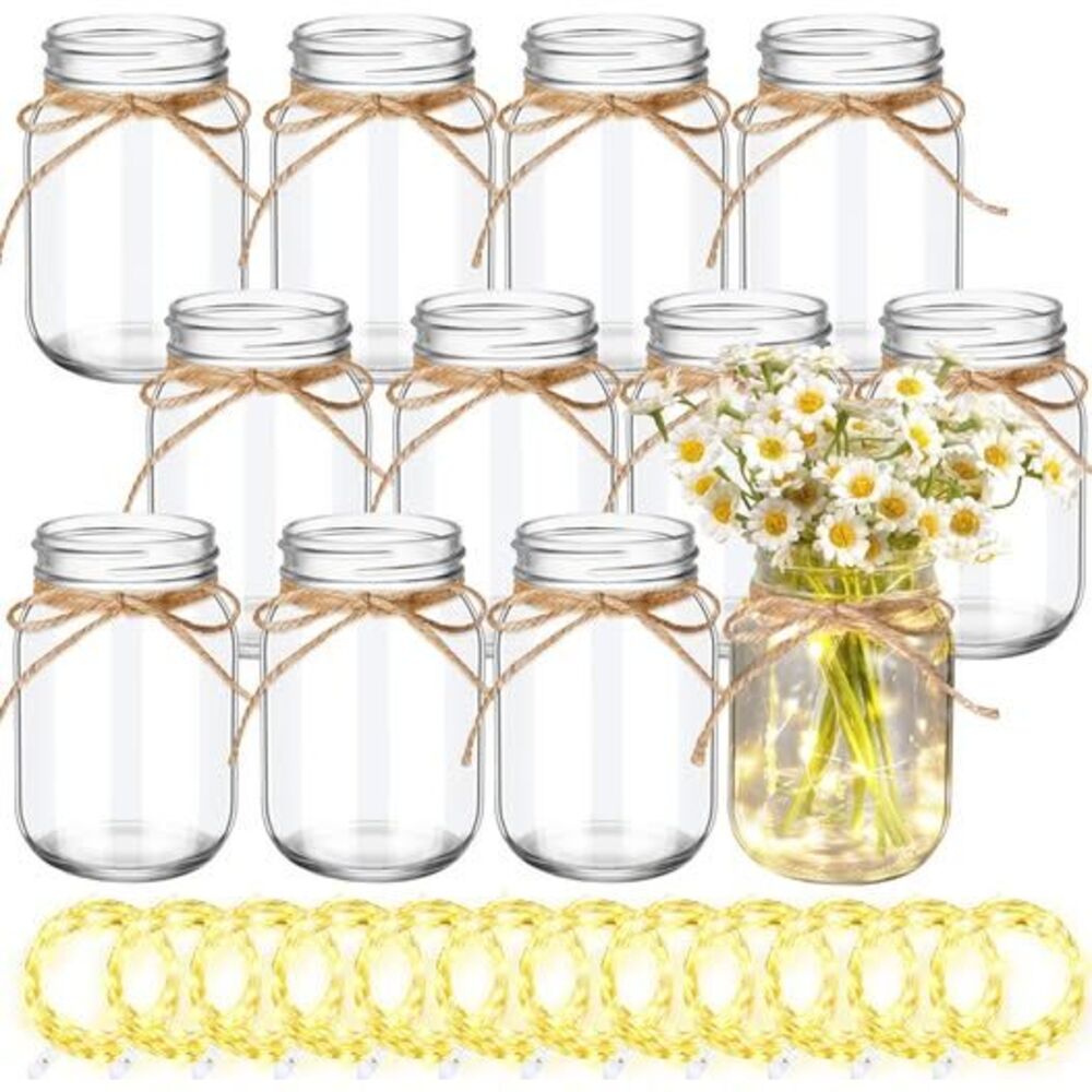 Chunful 12 Pcs Glass Mason Jars with LED Lights (Warm Light)